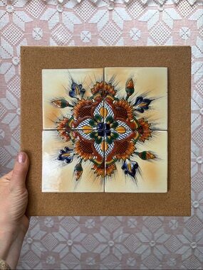 Vintage Hand Painted Tile Trivet Cork Back Spanish Style